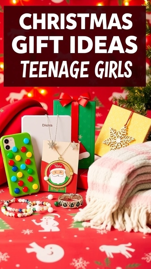 A collection of Christmas gifts for teenage girls including phone cases, jewelry, and blankets on a festive background.